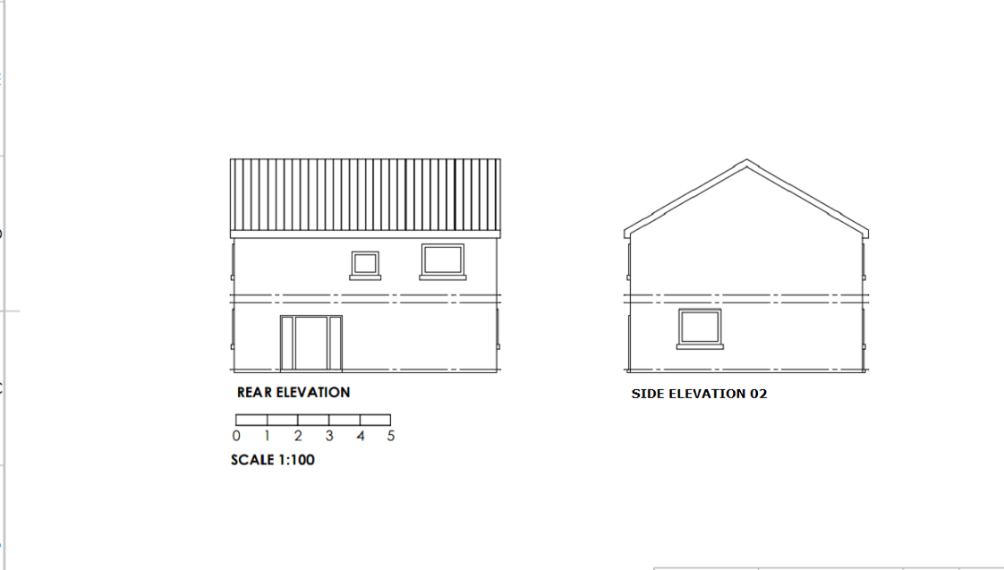 An example of an acceptable existing elevation scale at a scale of 1:100. The plan outlines what the building looks like from the outside. The front, rear and side elevations are labelled underneath. Windows and doors are clearly shown. The floor levels are drawn with dashed horizontal lines. The roof is identified with vertical lines. The scale bar is at the bottom of the plan. Picture two of two. 