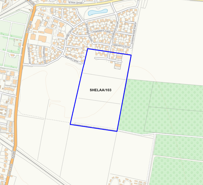 A map showing the location of SHELAA/103 outlined in blue