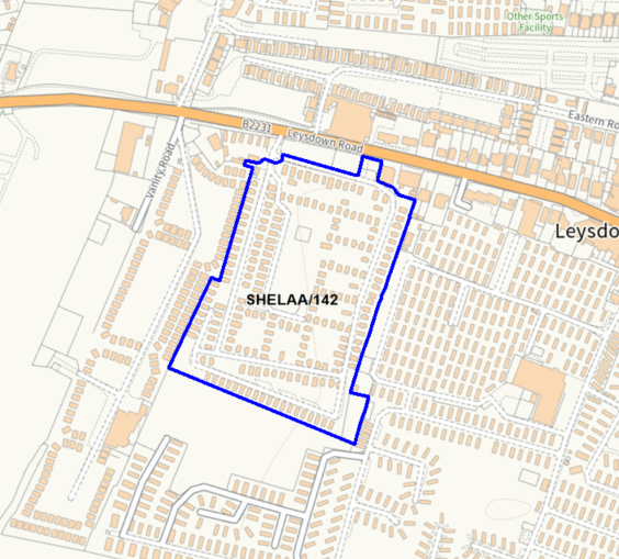 A map showing the location of SHELAA/142 outlined in blue