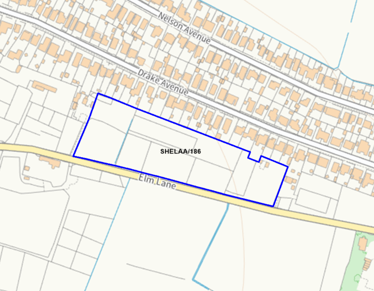 A map showing the location of SHELAA/186 outlined in blue