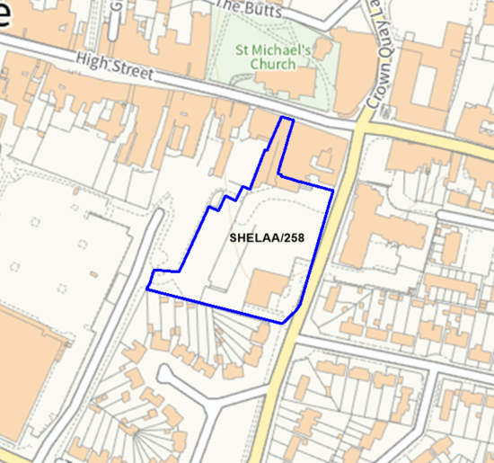 A map showing the location of SHELAA/258 outlined in blue
