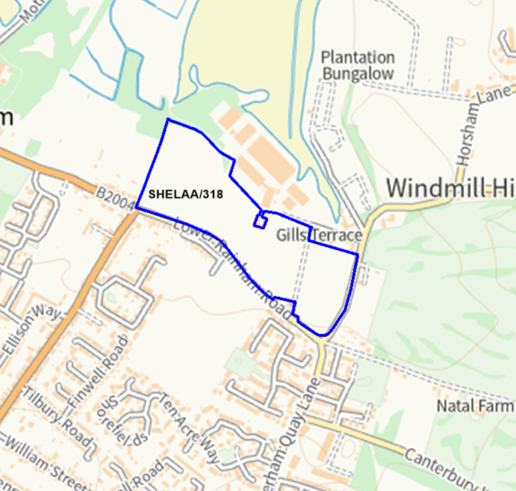 A map showing the location of SHELAA/318 outlined in blue