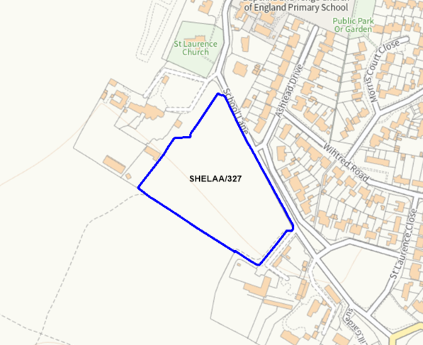 A map showing the location of SHELAA/327 outlined in blue