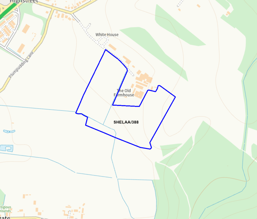 A map showing the location of SHELAA/388 outlined in blue