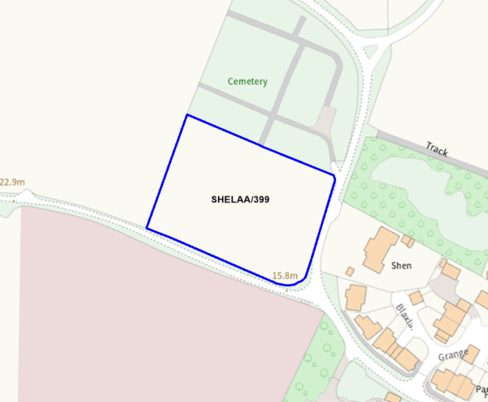 A map showing the location of SHELAA/399 outlined in blue