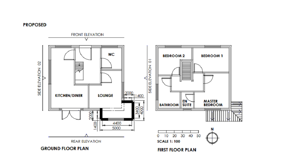 An example of an acceptable proposed floor plan at a scale of 1:50 or 1:100. The plan outlines the individual rooms in the house. Doorways, staircases, and windows are identified. The front, rear and side elevations are clearly labelled. A black square at the bottom of the left drawing outlines the walls of the proposed extension. Measurements are included along with arrows. The drawing on the right outlines the roof of the proposed extension. The lines show the direction of the roof. 