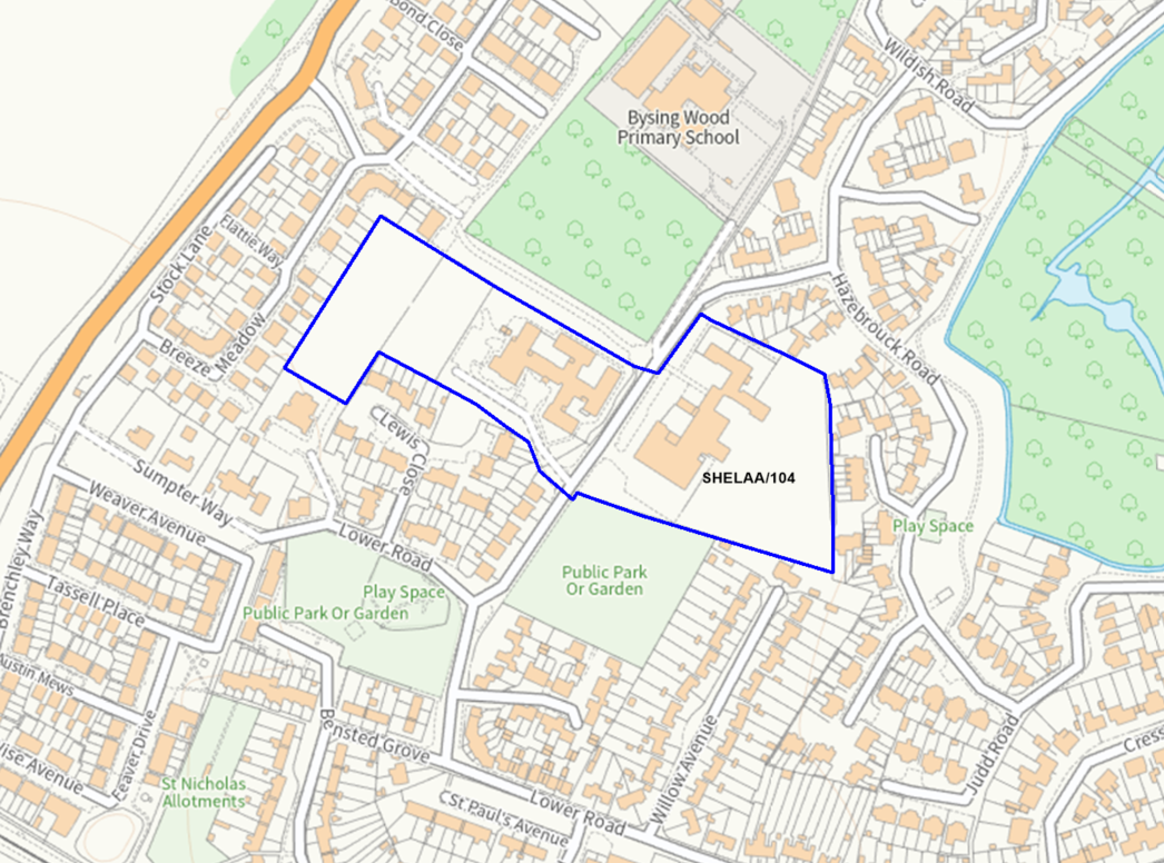 A map showing the location of SHELAA/104 outlined in blue