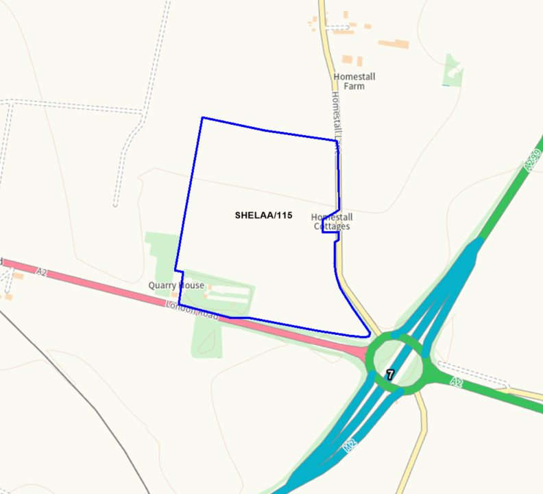 A map showing the location of SHELAA/115 outlined in blue