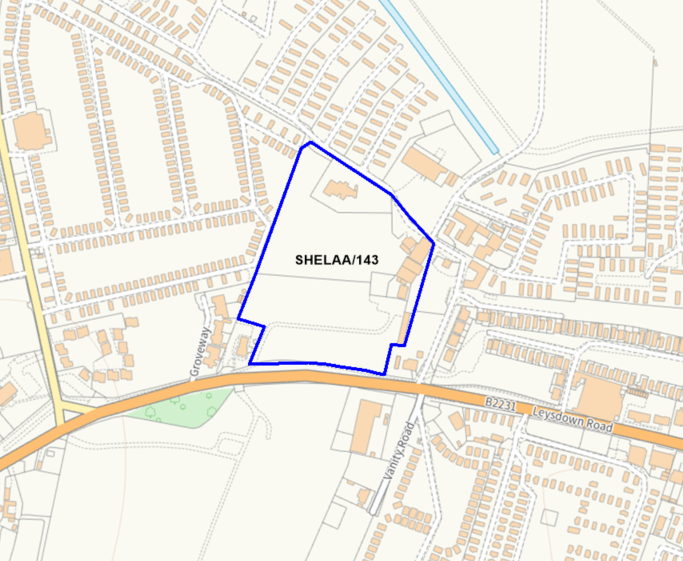 A map showing the location of SHELAA/143 outlined in blue