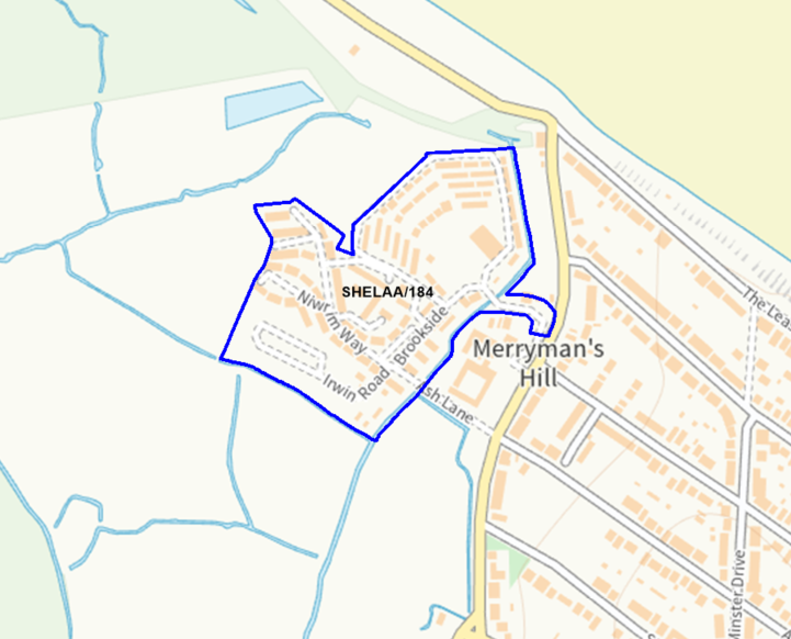 A map showing the location of SHELAA/184 outlined in blue