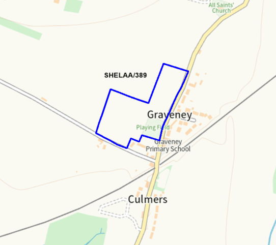 A map showing the location of SHELAA/389 outlined in blue