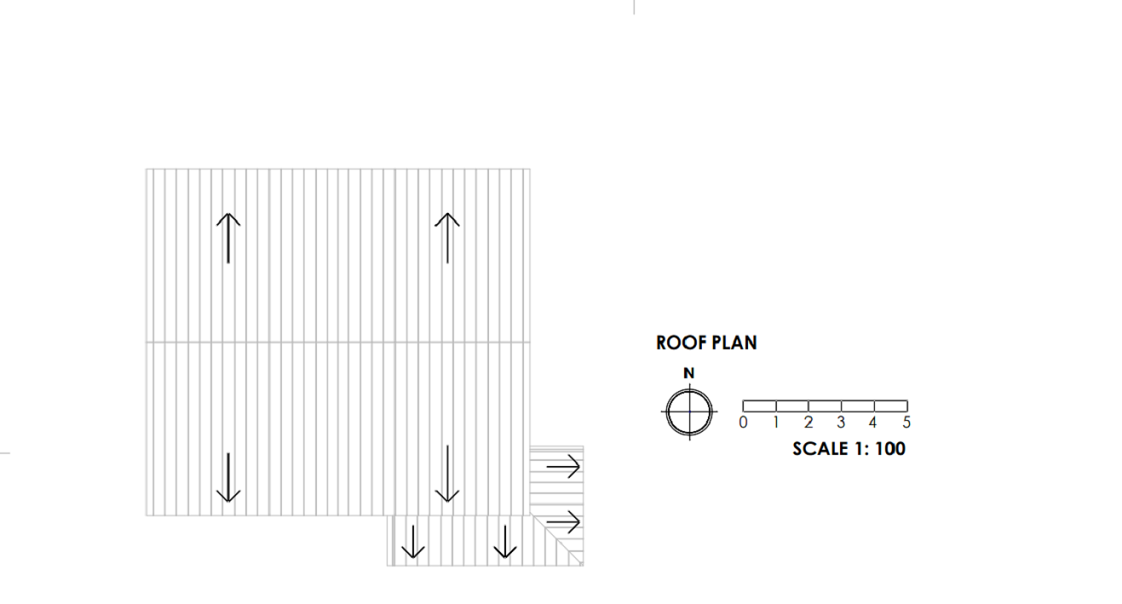 An example of an acceptable proposed roof plan at a scale of 1:100. The plan outlines the shape of the roof. Arrows identify the direction of the roof slopes. The roof of the proposed extension is added to the bottom right. The scale bar is at the bottom of the plan next to the north compass. 