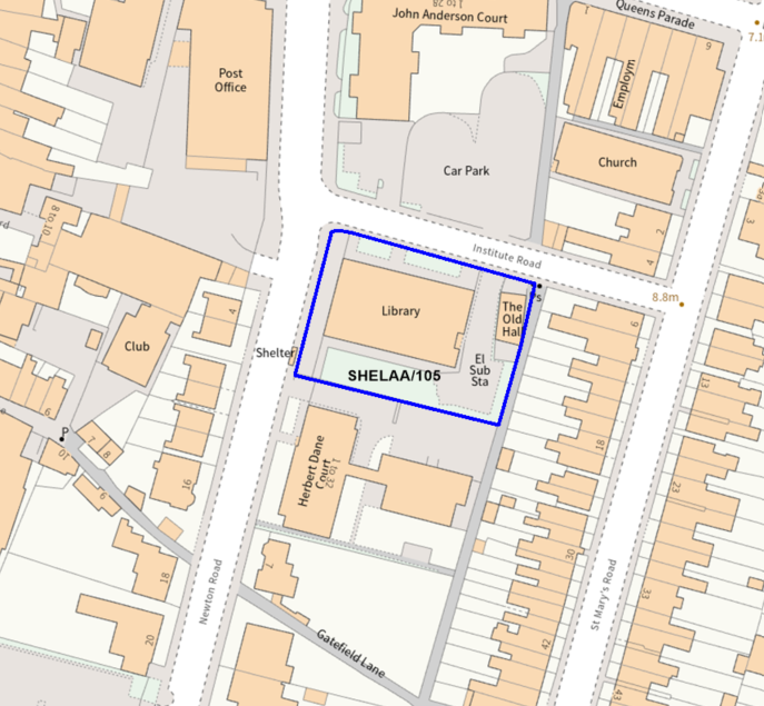 A map showing the location of SHELAA/105 outlined in blue