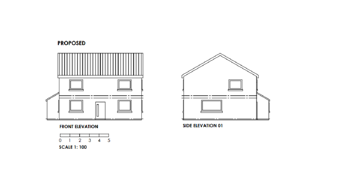 An example of an acceptable proposed elevation scale at a scale of 1:100. The plan outlines what the building looks like from the outside. The front, rear and side elevations are labelled underneath. Windows and doors are clearly shown. The floor levels are drawn with dashed horizontal lines. The roof is identified with vertical lines. The proposed extension has been clearly added.  The scale bar is at the bottom of the plan. Picture one of two. 