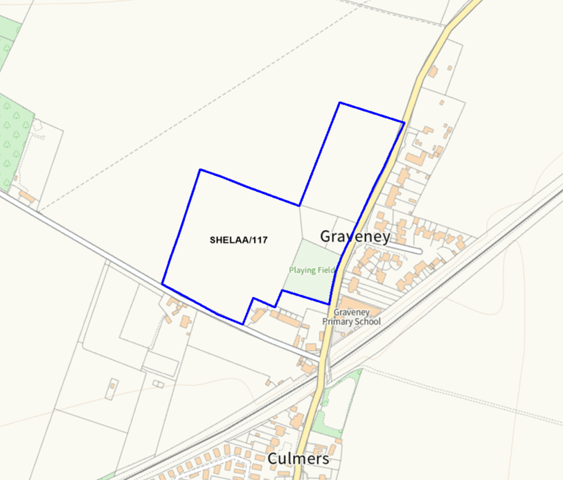A map showing the location of SHELAA/117 outlined in blue