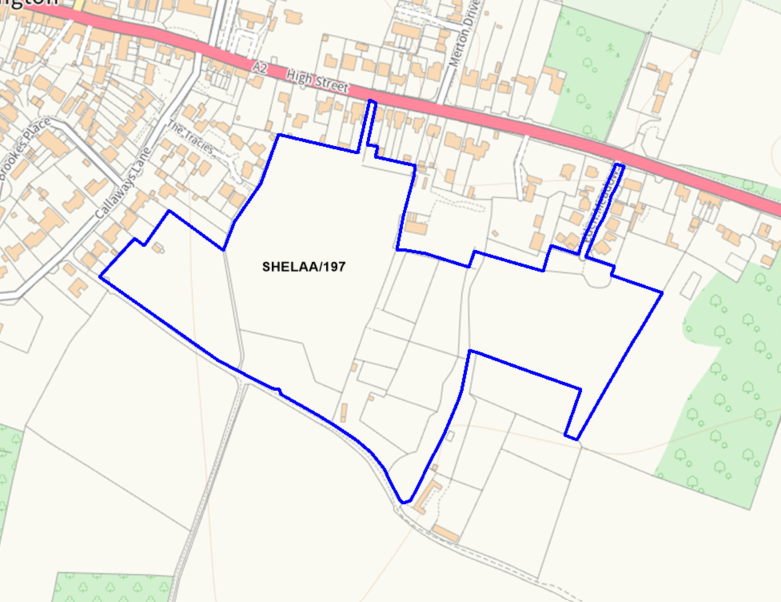 A map showing the location of SHELAA/197 outlined in blue