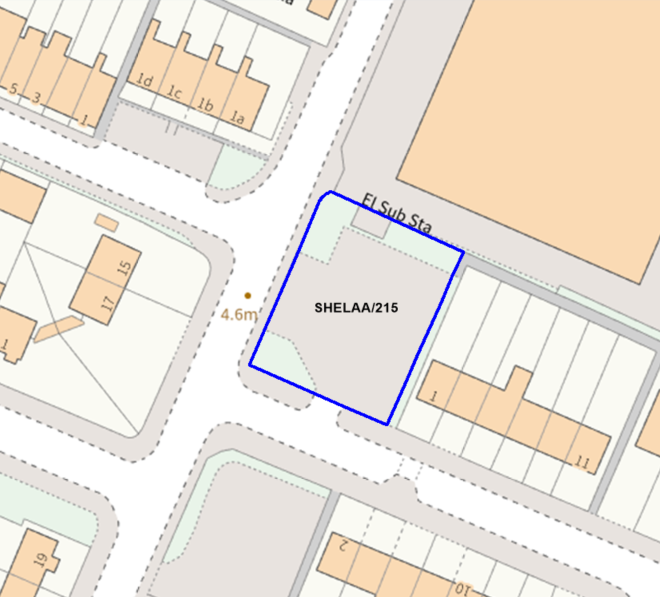 A map showing the location of SHELAA/215 outlined in blue