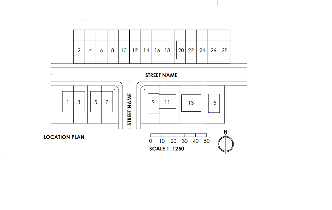 An example of an acceptable proposed site plan. The plan is focused on a building labelled 13. The timber fence surrounding it is outlined in red. Hard surfaces are identified with a black grid and a red hashed area. The scale bar at the bottom of the image is 1:200 and the north compass is next to it. 