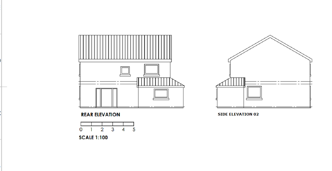 An example of an acceptable proposed elevation scale at a scale of 1:100. The plan outlines what the building looks like from the outside. The front, rear and side elevations are labelled underneath. Windows and doors are clearly shown. The floor levels are drawn with dashed horizontal lines. The roof is identified with vertical lines. The proposed extension has been clearly added. The scale bar is at the bottom of the plan. 