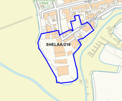 A map showing the location of SHELAA/216 outlined in blue
