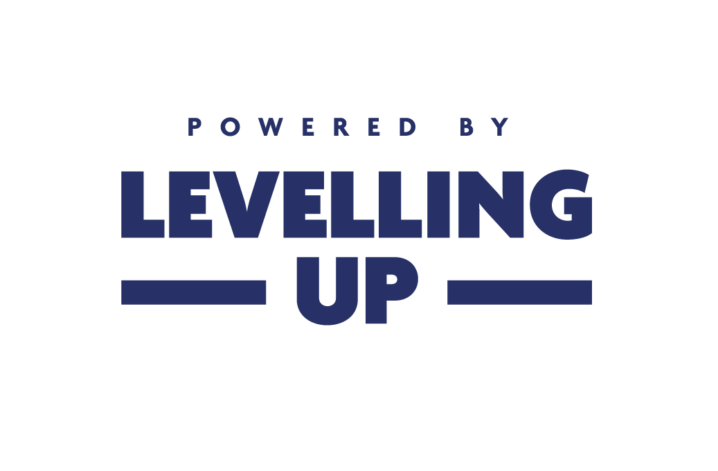 Blue logo, reads: Powered by levelling up.