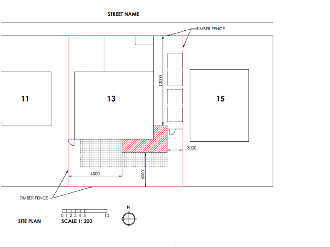 An example of an acceptable proposed site plan. The plan is focused on a building labelled 13. The timber fence surrounding it is outlined in red. Hard surfaces are identified with a black grid and a red hashed area. The scale bar at the bottom of the image is 1:200 and the north compass is next to it. 