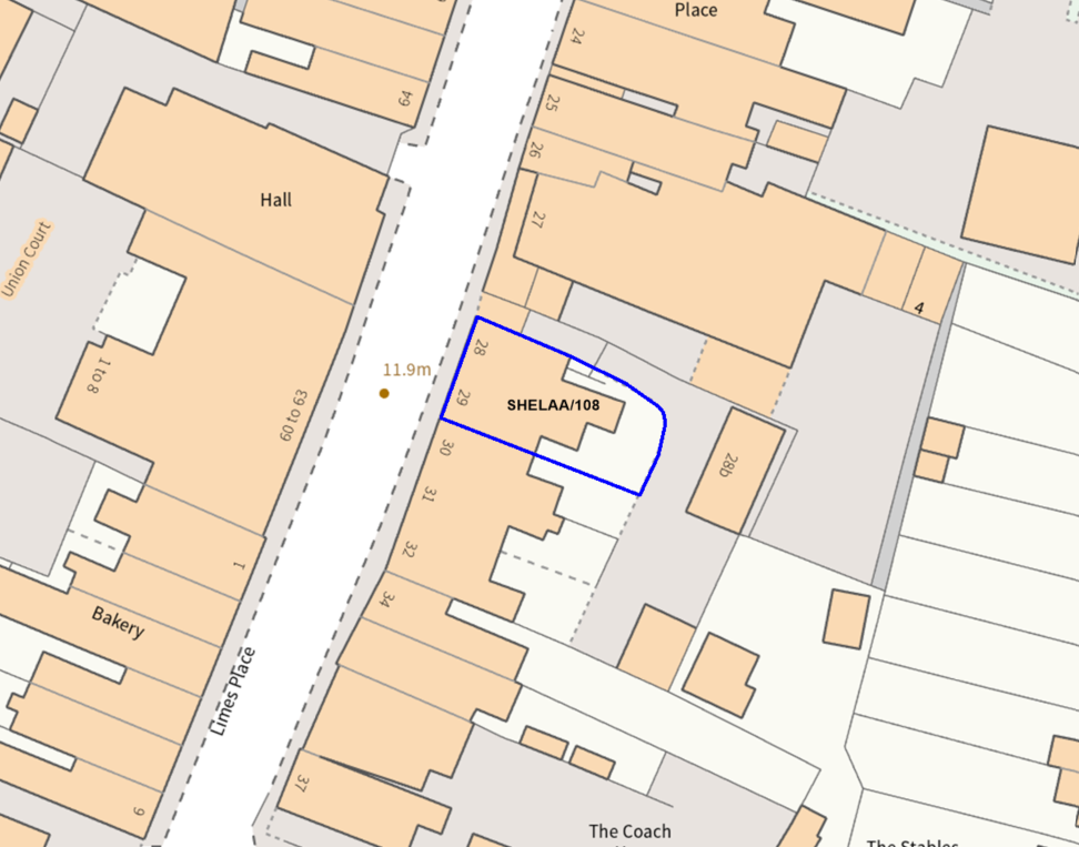 A map showing the location of SHELAA/108 outlined in blue