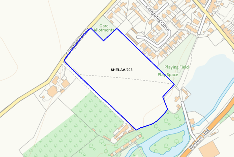 A map showing the location of SHELAA/208 outlined in blue