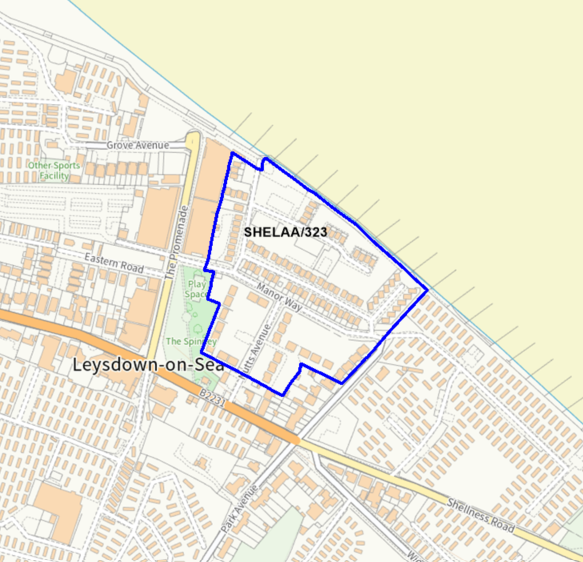 A map showing the location of SHELAA/323 outlined in blue