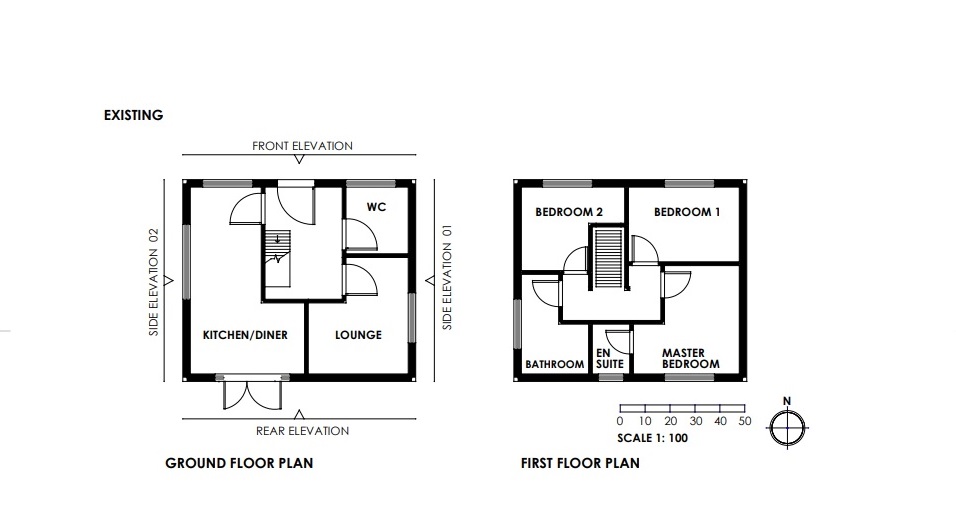 An example of an acceptable existing floor plan at a scale of 1:50 or 1:100. The plan outlines the individual rooms in the house. Doorways, staircases, and windows are identified. The front, rear and side elevations are clearly labelled. 