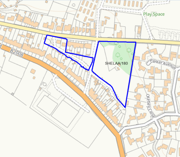 A map showing the location of SHELAA/180 outlined in blue
