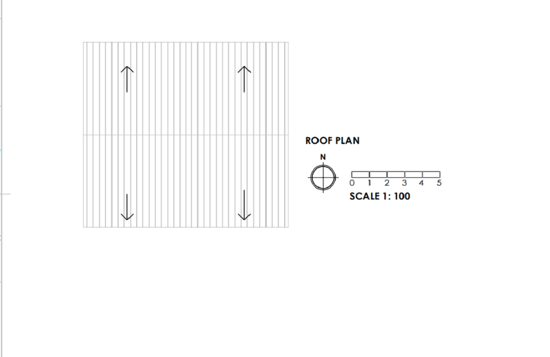 An example of an acceptable existing roof plan at a scale of 1:100. The plan outlines the shape of the roof. Arrows identify the direction of the roof slopes. The scale bar is at the bottom of the plan next to the north compass. 