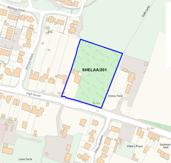 A map showing the location of SHELAA/201 outlined in blue