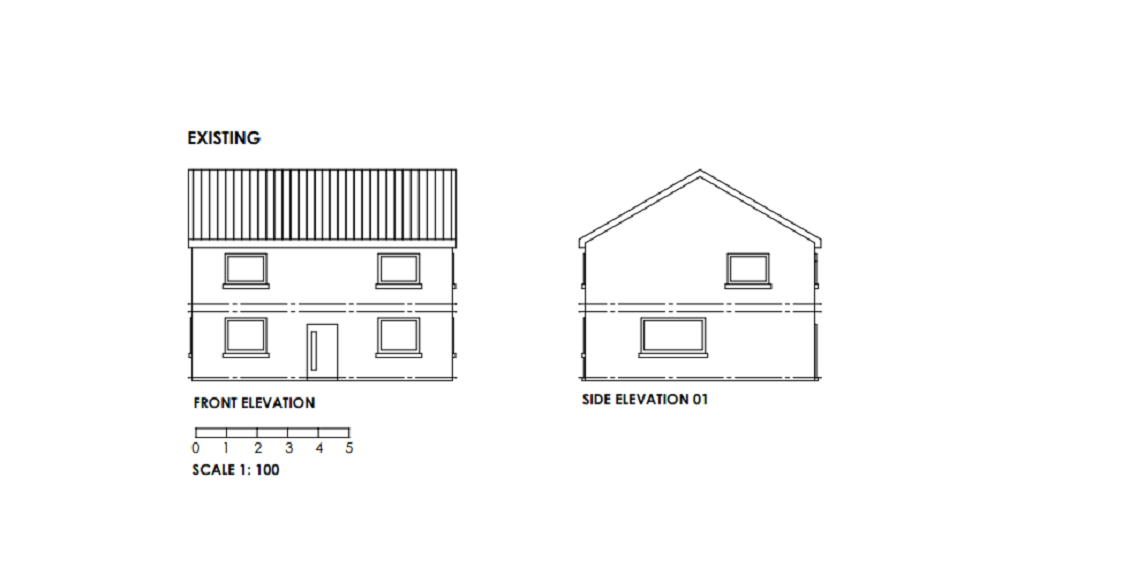 An example of an acceptable existing elevation scale at a scale of 1:100. The plan outlines what the building looks like from the outside.   The front, rear and side elevations are labelled underneath. Windows and doors are clearly shown. The floor levels are drawn with dashed horizontal lines. The roof is identified with vertical lines.  The scale bar is at the bottom of the plan. Picture one of two.