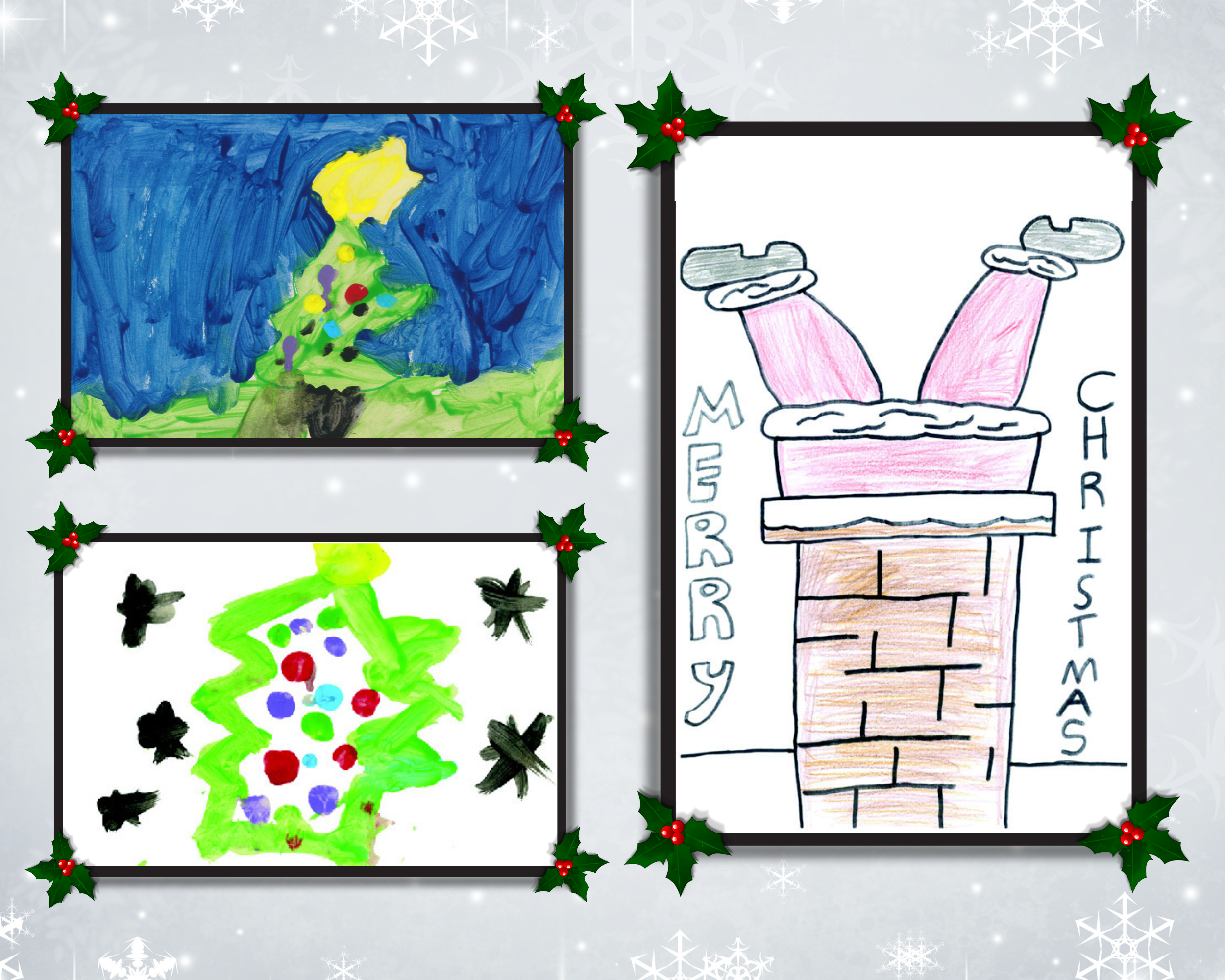 Image shows two paintings by a children of a christmas tree and a drawing of Santa