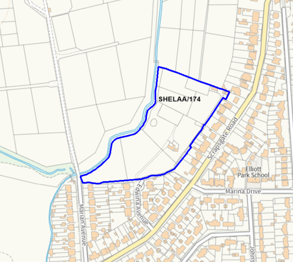 A map showing the location of SHELAA/174 outlined in blue