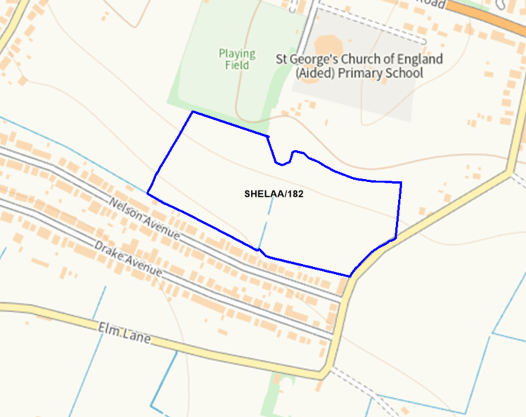 A map showing the location of SHELAA/182 outlined in blue