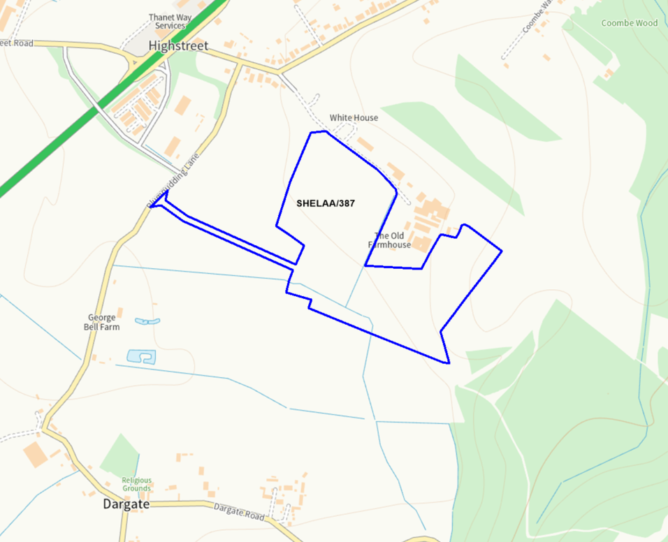 A map showing the location of SHELAA/387 outlined in blue