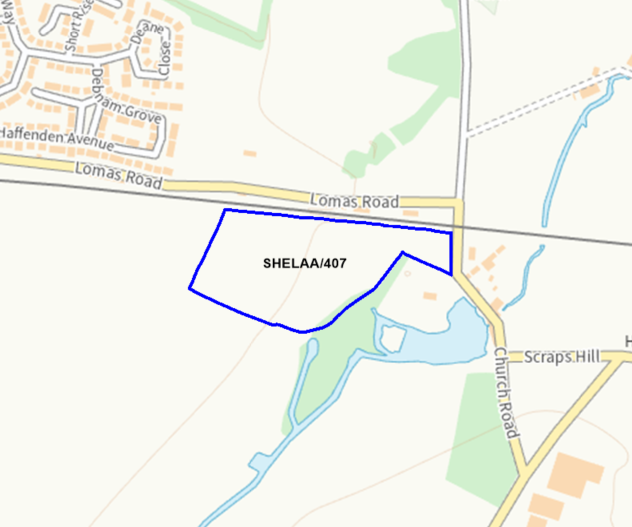 A map showing the location of SHELAA/407 outlined in blue