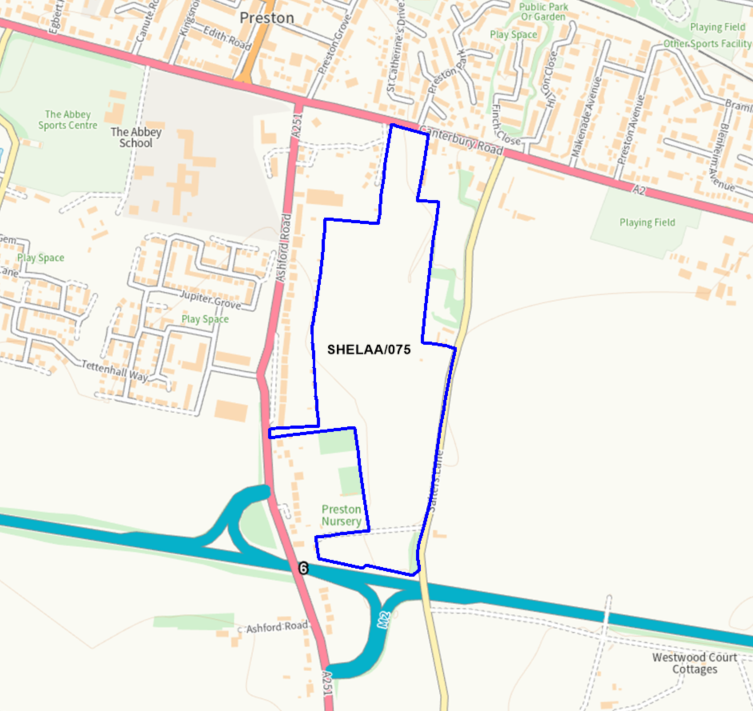 A map showing the location of SHELAA/075 outlined in blue