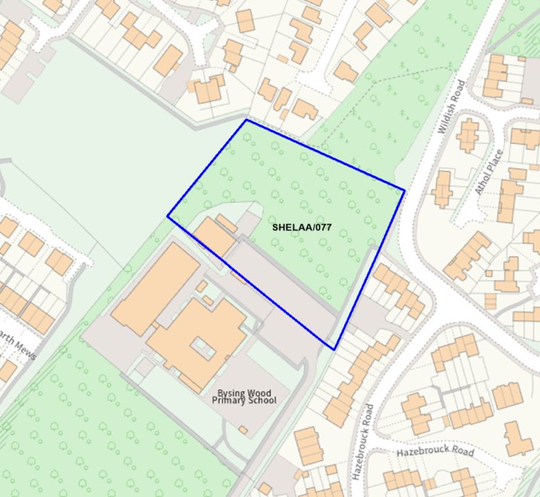 A map showing the location of SHELAA/077 outlined in blue