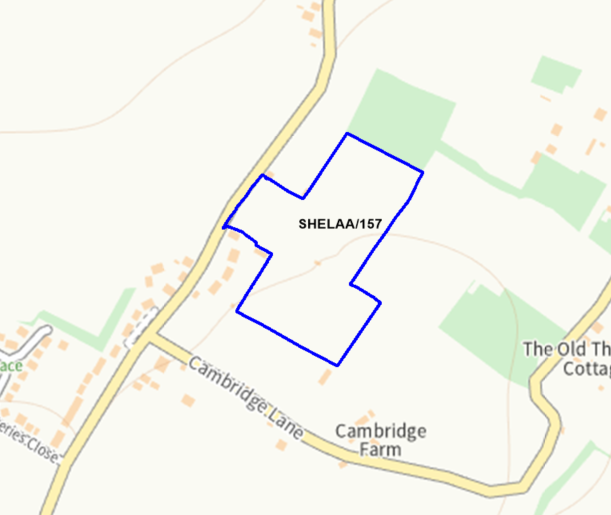A map showing the location of SHELAA/157 outlined in blue