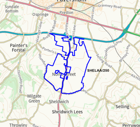A map showing the location of SHELAA/250 outlined in blue