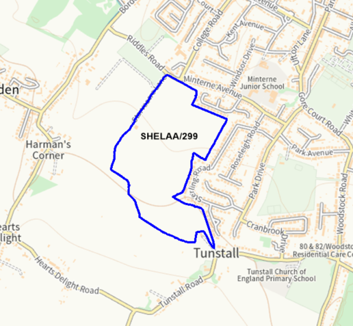 A map showing the location of SHELAA/299 outlined in blue