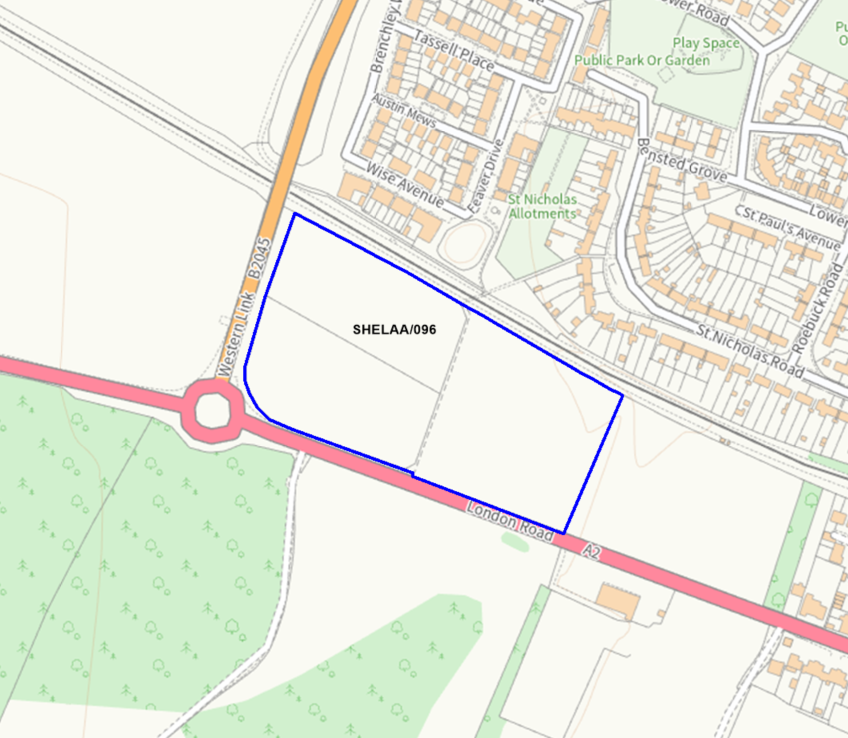 A map showing the location of SHELAA/096 outlined in blue