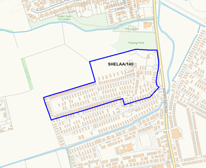 A map showing the location of SHELAA/140 outlined in blue