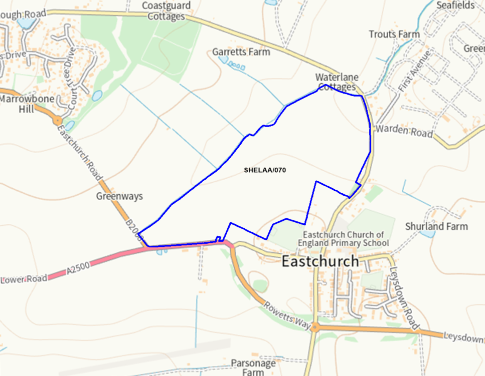 A map showing the location of SHELAA/070 outlined in blue