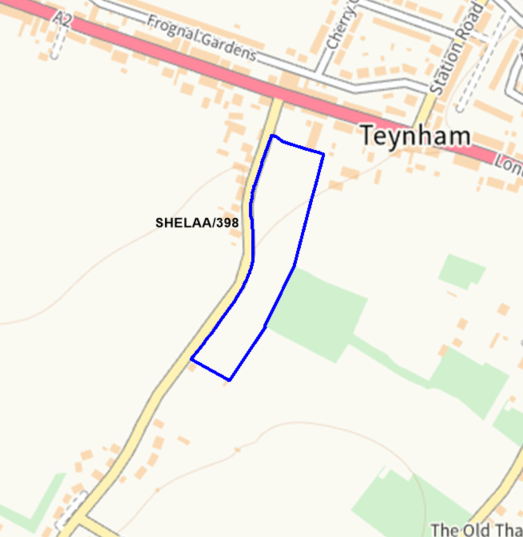 A map showing the location of SHELAA/398 outlined in blue